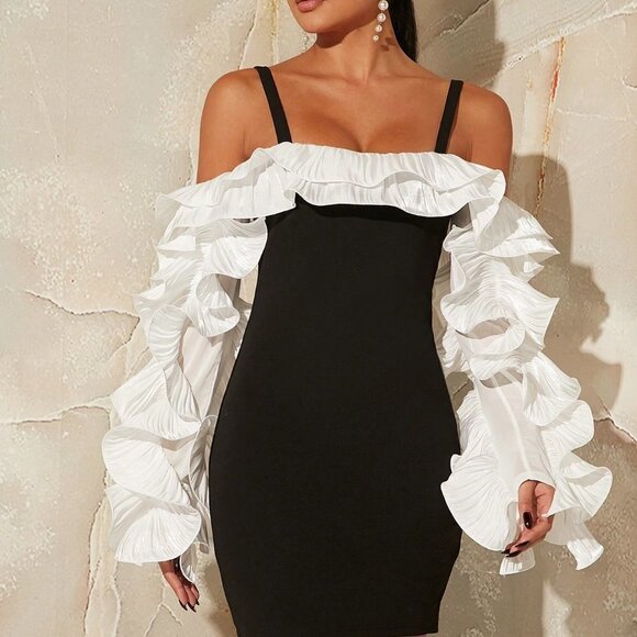 Black Preppy Ladies' Off-Shoulder Color Block Dress With Ruffle Hemline - Picture 4 of 5